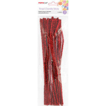 Chenille Stems Tinsel 6mm 24pk - Red