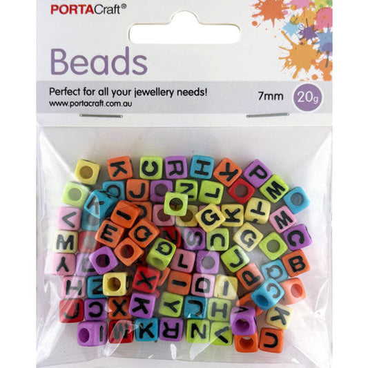 Alphabet Beads 7mm 20g Cubes Multicolour with Black Letters