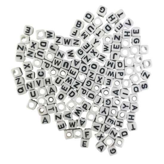 Alphabet Beads 6mm 20g Cubes White with Black