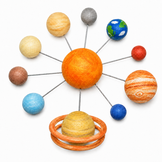 Painted solar system model featuring a textured orange sun at the centre, connected to painted planets including Earth, Mars, Jupiter, Saturn, and others. Porta Craft Set