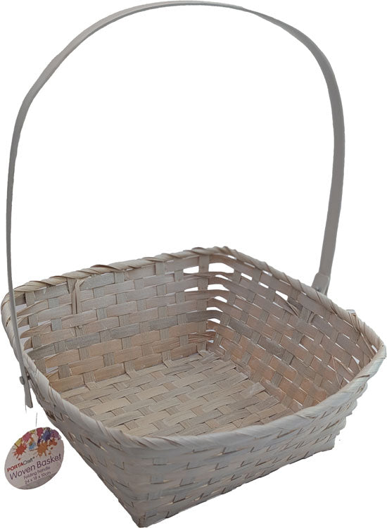 Bamboo Basket with Square Base & Folding Handle - Washed White