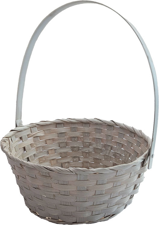 Bamboo Basket with Round Base & Folding Handle - Washed White