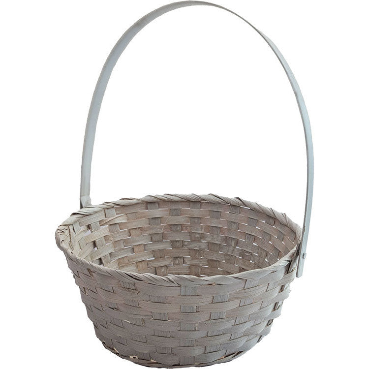 Bamboo Basket with Round Base & Folding Handle - Washed White
