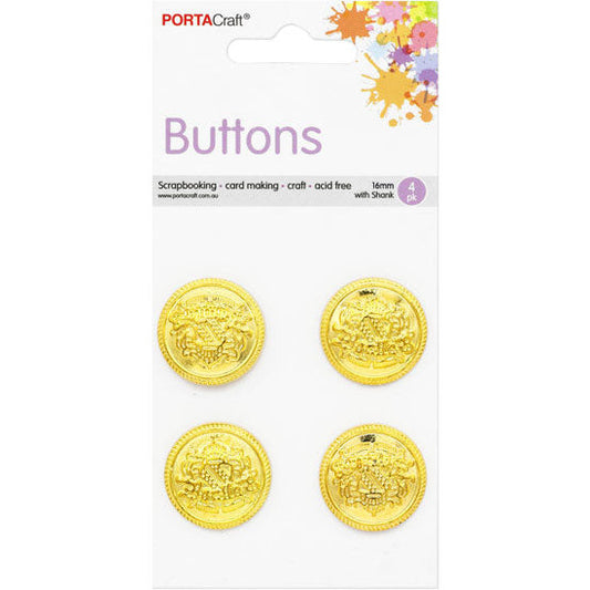 Buttons w Shank 16mm  4pk Gold Crests
