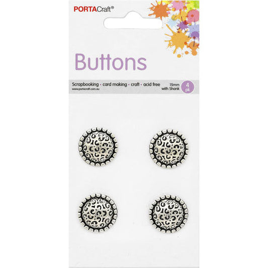 Buttons w Shank 15mm 4pk Silver Animal Print Domes