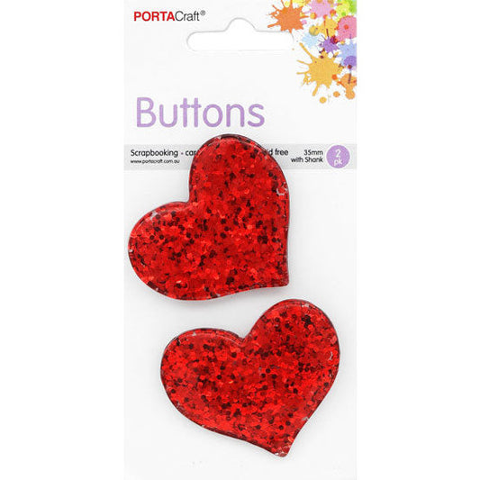 Buttons w Shank 35mm 2pk Red Glitter Hearts