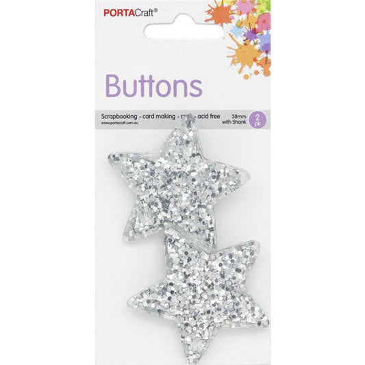 Buttons w Shank 38mm 2pk Silver Glitter Stars