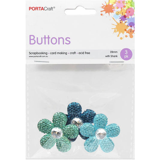 Buttons w Shank 28mm 3pk RStone Flowers Blues