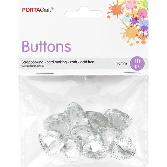 Buttons w Shank 16mm 10pk RStone Hearts Clear
