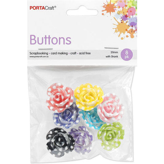 Buttons w Shank 20mm 8pk Roses Polka Dot Glitter