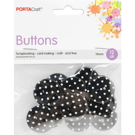 Buttons Round 19mm 12pk Polka Dots Black & White