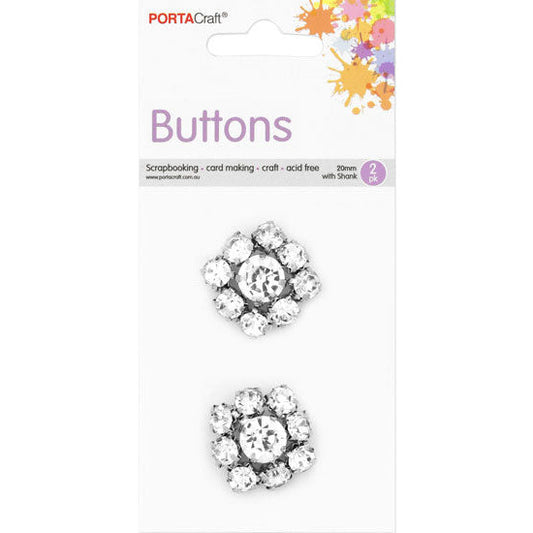 Buttons w Shank 20mm 2pk RStone Square Clear