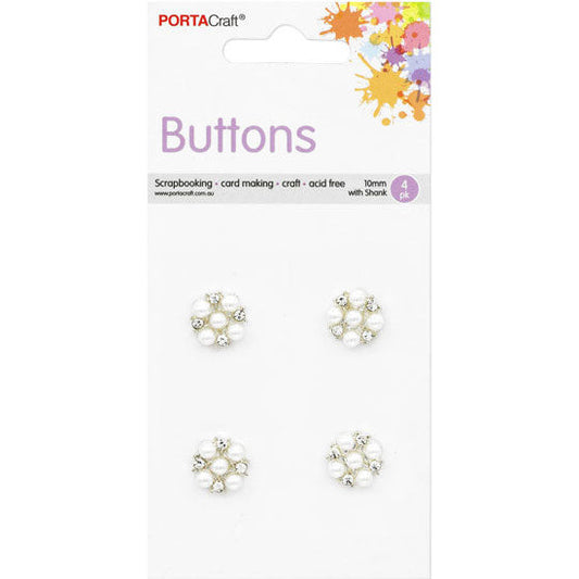 Buttons w Shank 10mm 4pk RStone & Pearl Clear