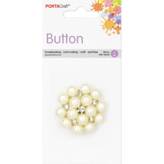 Buttons w Shank 30mm 1pk RStone & Pearl Clear