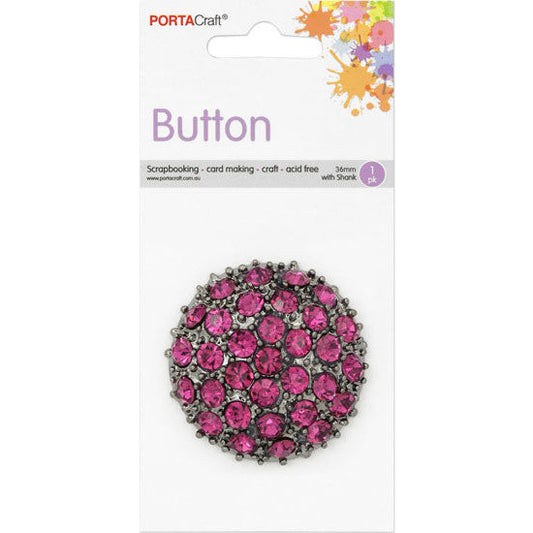 Buttons w Shank 36mm 1pk RStone Dome Black Fuschia