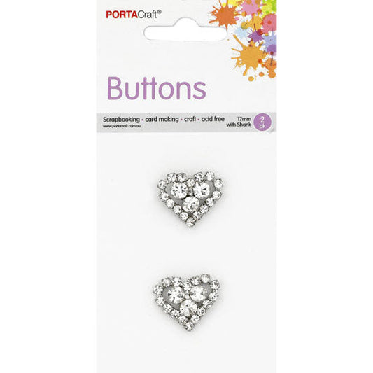 Buttons w Shank 17mm 2pk RStone Hearts Clear