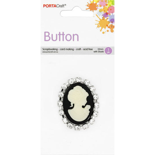 Buttons w Shank 32mm 1pk RStone Lady Silhouette