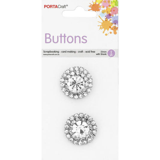 Buttons w Shank 21mm 2pk RStone Round Clear