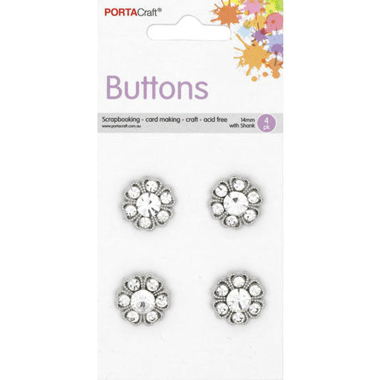 Buttons w Shank 14mm  4pk RStone Flowers Clear