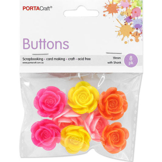 Buttons w Shank 19mm 8pk Roses Pink Sunrise