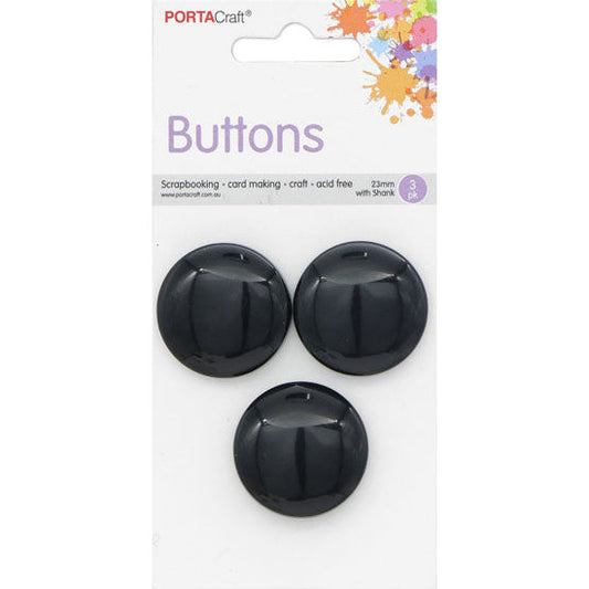 Buttons w Shank 23mm 3pk Round Smooth Black