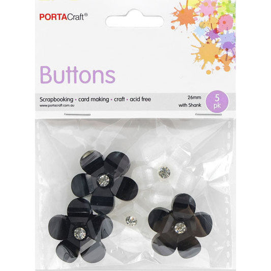 Buttons w Shank 26mm 5pk Shimmer Flowers Black/Wht