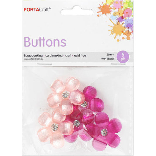 Buttons w Shank 26mm 5pk Shimmer Flowers Pink