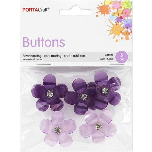 Buttons w Shank 26mm 5pk Shimmer Flowers Purple