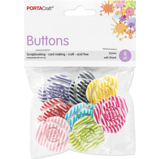Buttons w Shank 25mm 8pk Roses Striped Multicolour