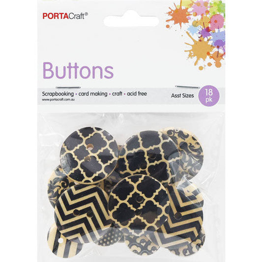 Buttons Round Asst 18pk Wooden Black Designs
