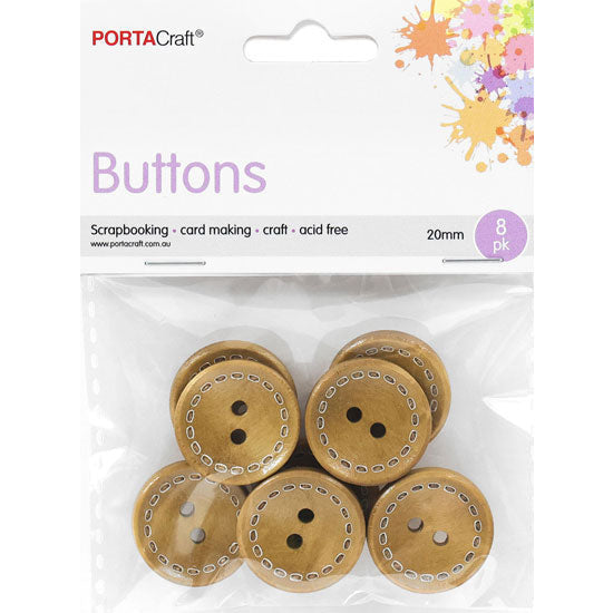 Buttons Round 20mm 8pk Wooden Beech Stitch
