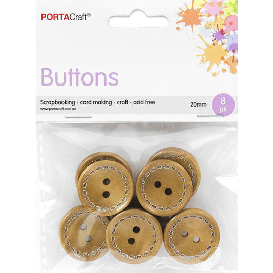 Buttons Round 20mm  8pk Wooden Beech Stitch