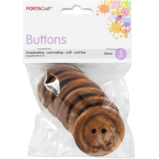 Buttons Round 35mm 6pk Wooden Walnut
