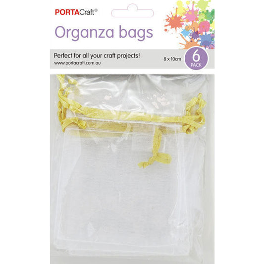 Organza Bags  80x100mm 6pk  03 White w Gold
