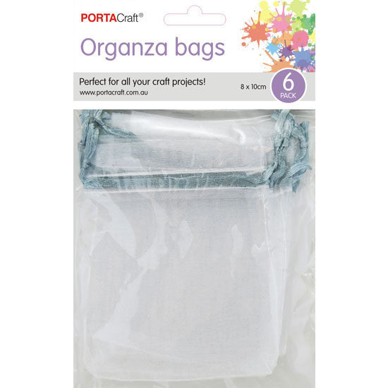 Organza Bags  80x100mm 6pk  02 White w Silver