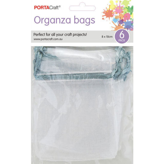 Organza Bags  80x100mm 6pk  02 White w Silver