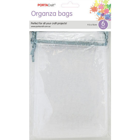 Organza Bags 95x150mm 6pk 02 White w Silver