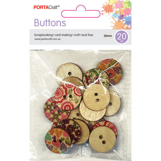 Buttons Round 20mm 20pk Wooden