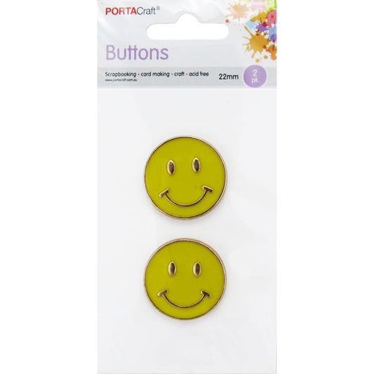 Buttons w Shank 22mm 2pk Metal Smiley Faces