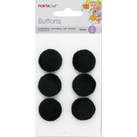 Buttons w Shank Velvet 15mm 6pk Round Black