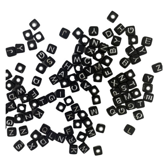Alphabet Beads 8mm 20g Cubes - Black with Silver