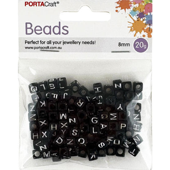 Alphabet Beads 8mm 20g Cubes - Black with Silver