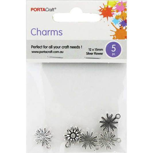 Charms Metal 5pc 12x15mm Silver Flowers