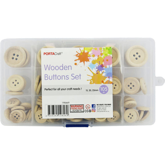 Button Box 15,20,25mm 105pk Wooden Natural
