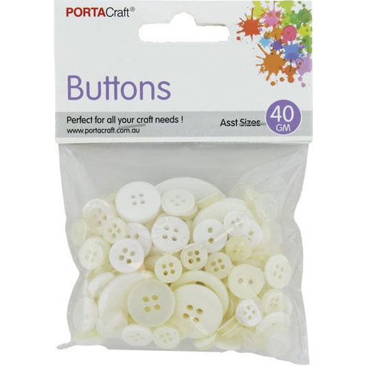 Buttons Round Asst 40g White