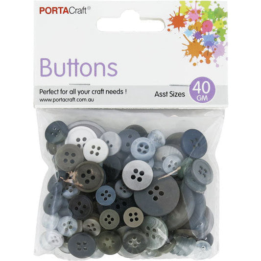 Buttons Round Asst 40g Grey