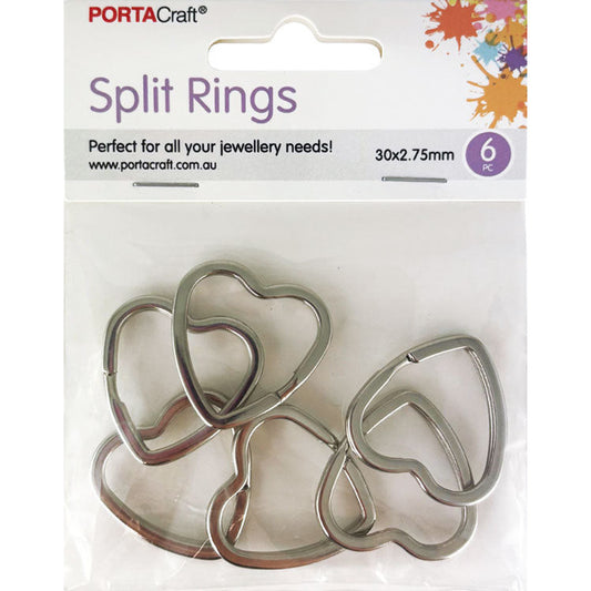 Split Rings 30x2.75mm 6pk Hearts Silvered