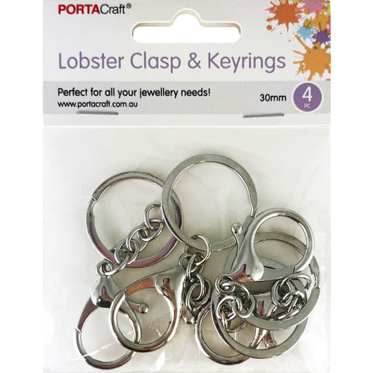 Keyrings w Lobster Clasp 30x20mm 4pk Silvered