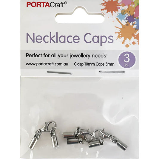 Necklace Caps 5mm w Lobster Clasps 10mm 3pk Slvrd