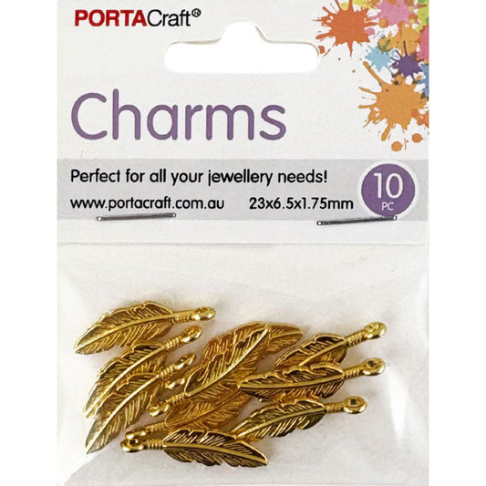 Charms Metal 10pc Feathers 23x6.5x1.75mm Golden